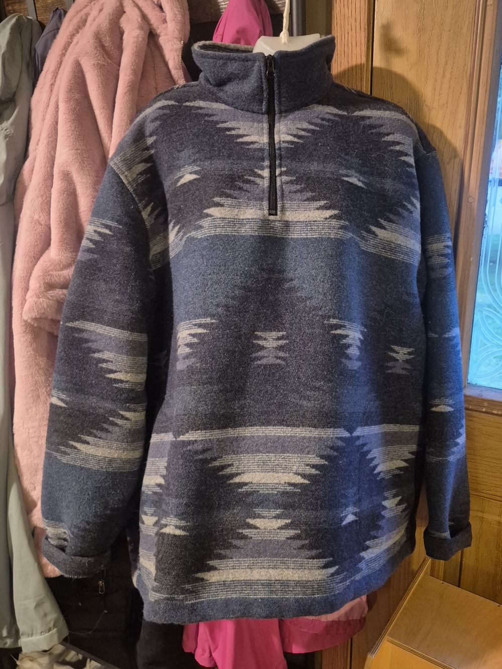 Women's Mens Unisex Navy Patterned Half-Zip Pullover Hoodie Wool Blend
